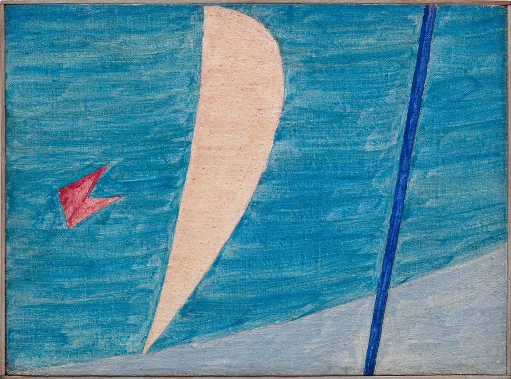  Alfredo Volpi | Marinha com vela rosa ou vela, mastro e bandeirinha ao vento, década de 1970